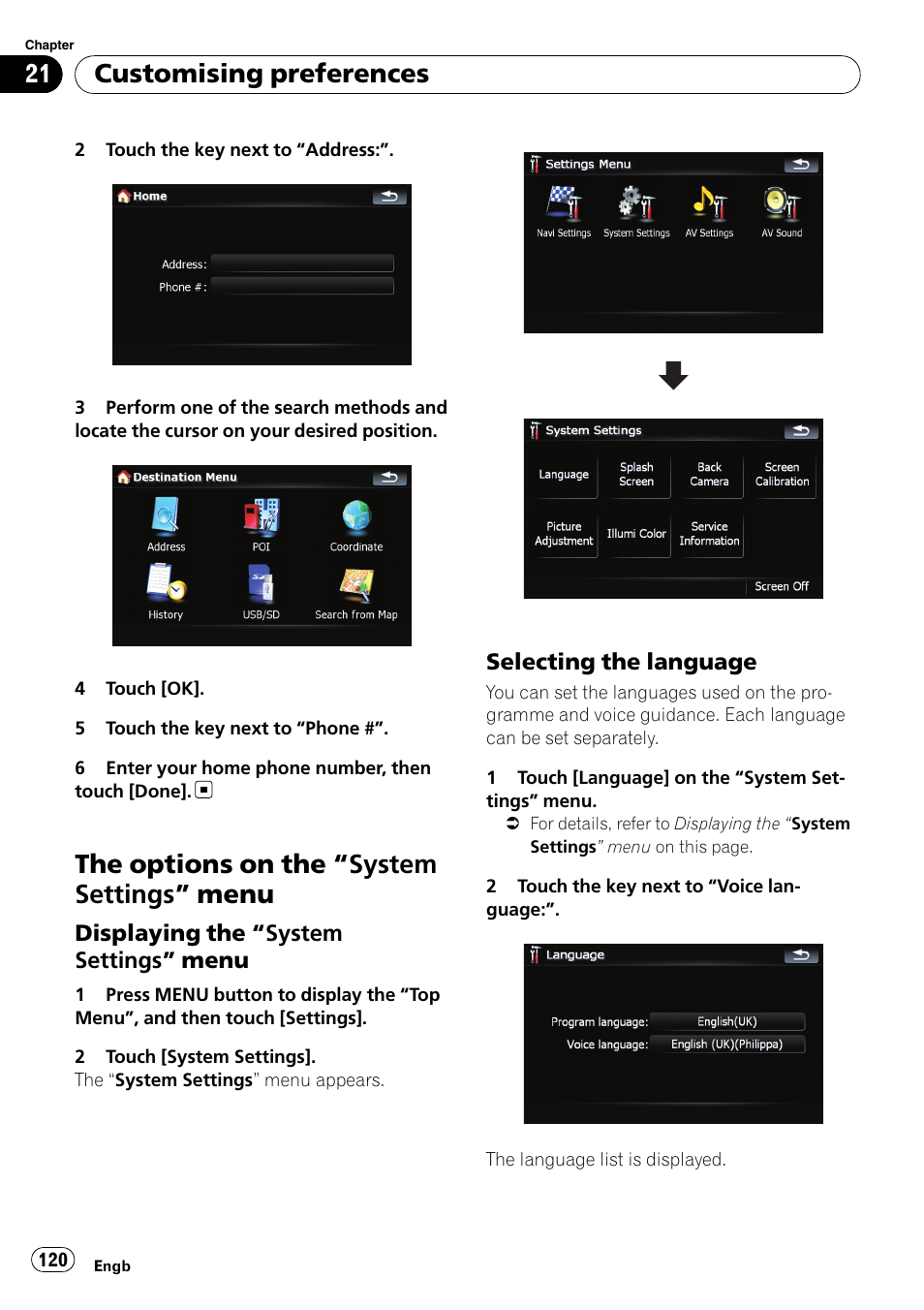 The options on the, System settings, Menu | Displaying the “system settings, Selecting the language 120, Selecting the lan, The options on the “system settings ” menu, Customising preferences | Pioneer AVIC F900BT User Manual | Page 120 / 168