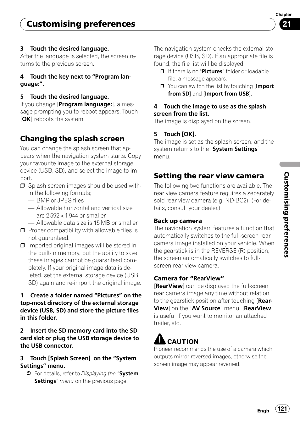 Changing the splash screen 121, Setting the rear view camera 121, Customising preferences | Changing the splash screen, Setting the rear view camera | Pioneer AVIC F900BT User Manual | Page 121 / 168