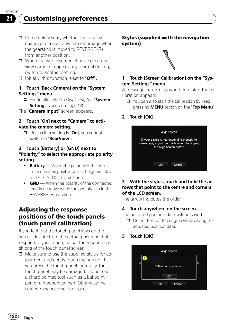 Adjusting the response positions of the, Touch panels (touch panel calibration), Customising preferences | Pioneer AVIC F900BT User Manual | Page 122 / 168