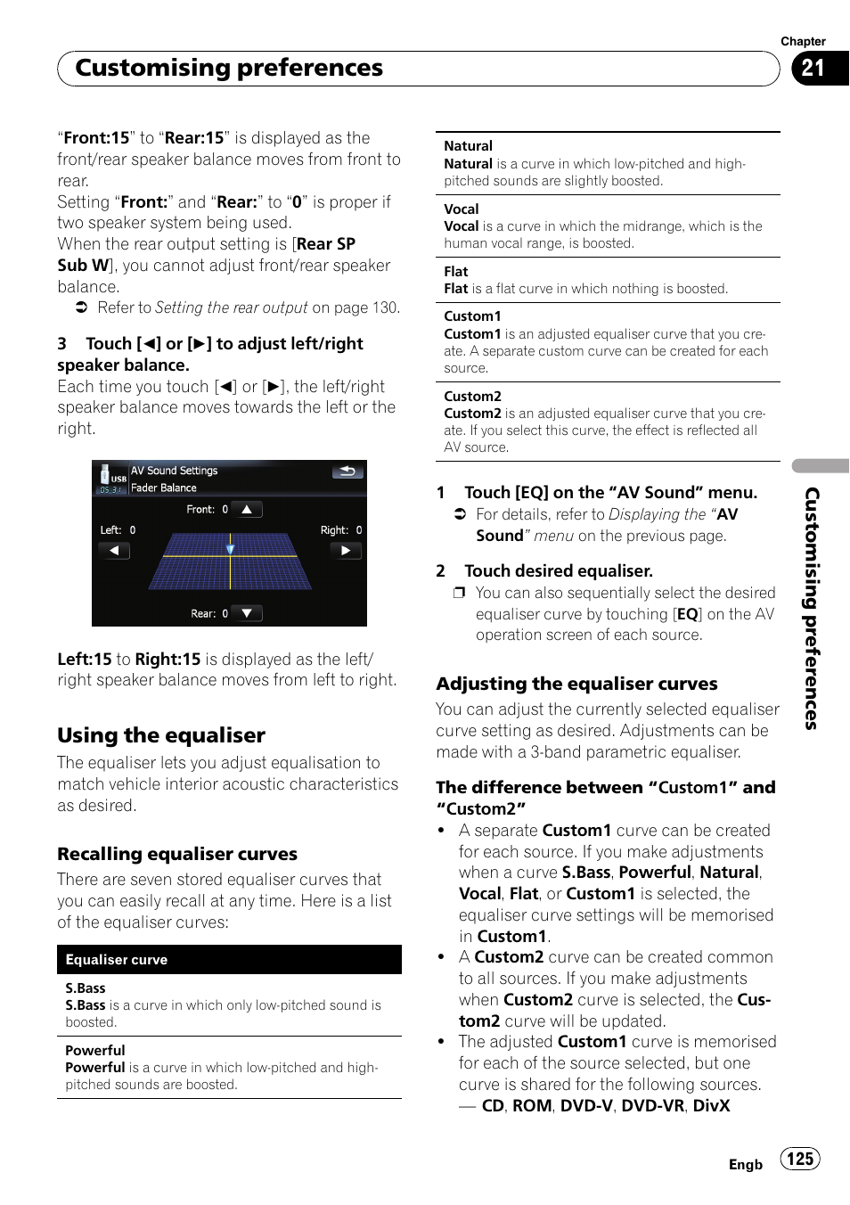 Using the equaliser 125, Recalling equaliser, Customising preferences | Using the equaliser | Pioneer AVIC F900BT User Manual | Page 125 / 168