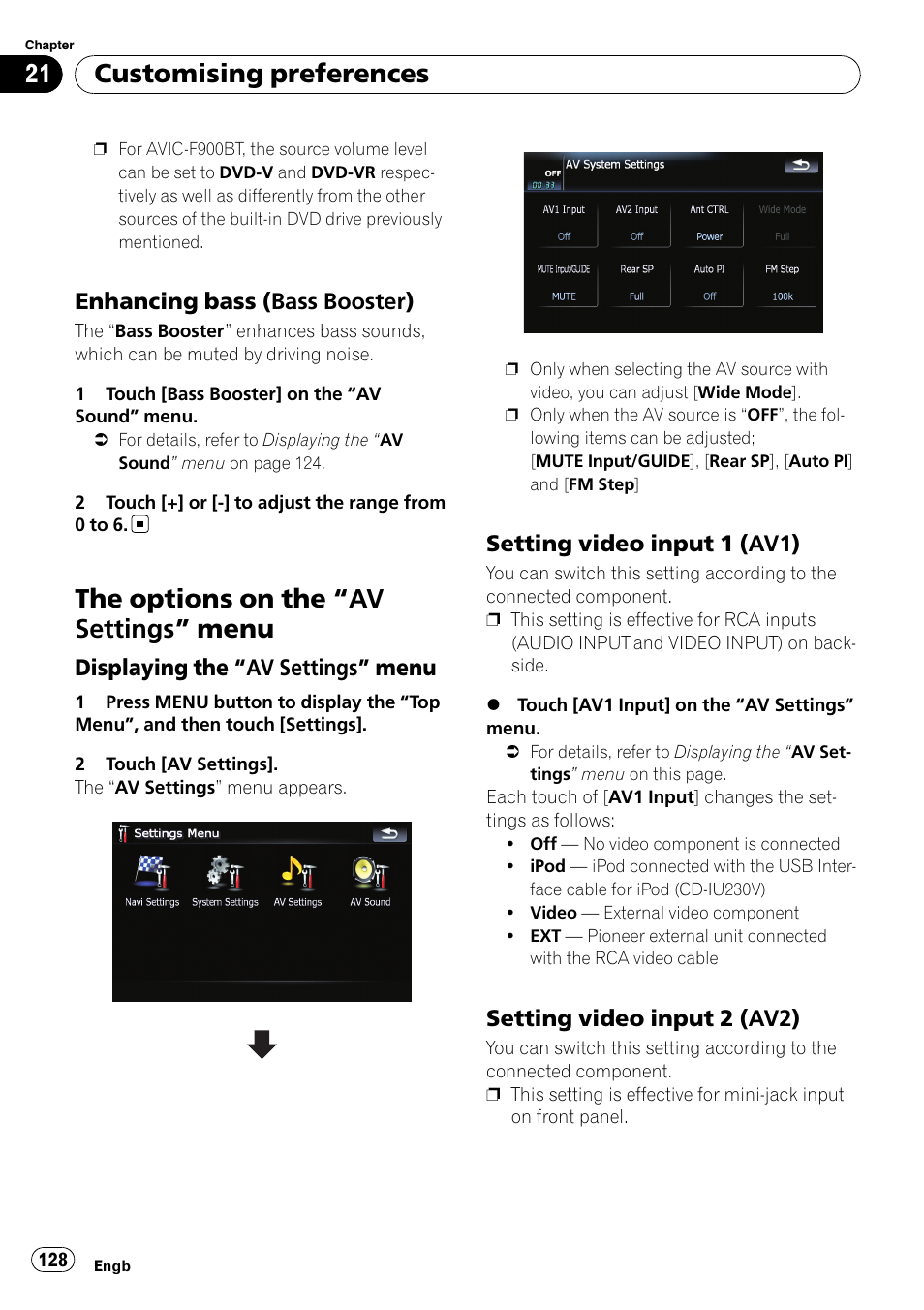 Enhancing bass (bass booster) 128, The options on the, Av settings” menu 128 | Displaying the “av settings, Menu, Setting video input 1 (av1) 128, Setting video input 2 (av2) 128, Setting video input 1, Setting video input 2, The options on the “av settings ” menu | Pioneer AVIC F900BT User Manual | Page 128 / 168