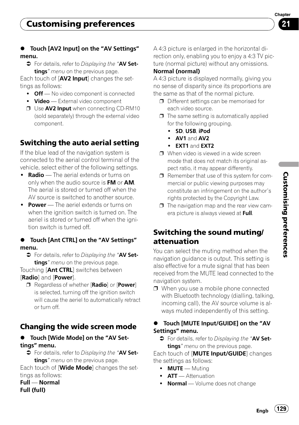 Switching the auto aerial setting 129, Changing the wide screen mode 129, Switching the sound muting | Attenuation, Customising preferences, Switching the auto aerial setting, Changing the wide screen mode, Switching the sound muting/ attenuation | Pioneer AVIC F900BT User Manual | Page 129 / 168