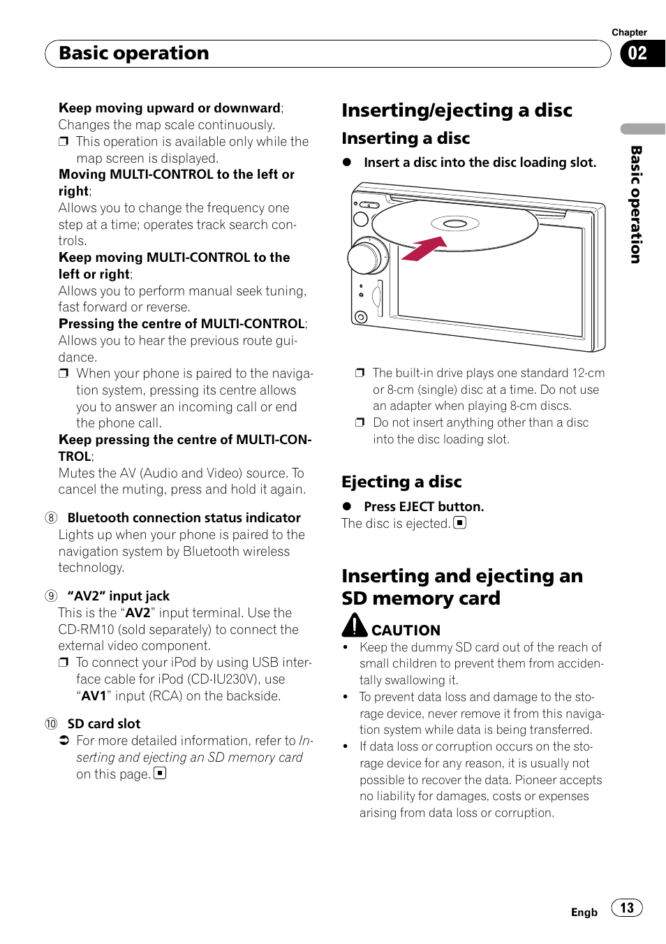 Inserting/ejecting a disc, Inserting a disc 13, Ejecting a disc 13 | Inserting and ejecting an sd memory, Card, Basic operation, Inserting a disc, Ejecting a disc | Pioneer AVIC F900BT User Manual | Page 13 / 168