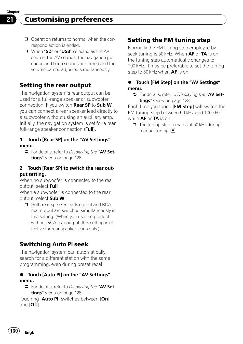 Setting the rear output 130, Switching auto pi seek 130, Setting the fm tuning step 130 | Customising preferences, Setting the rear output, Switching auto pi seek, Setting the fm tuning step | Pioneer AVIC F900BT User Manual | Page 130 / 168