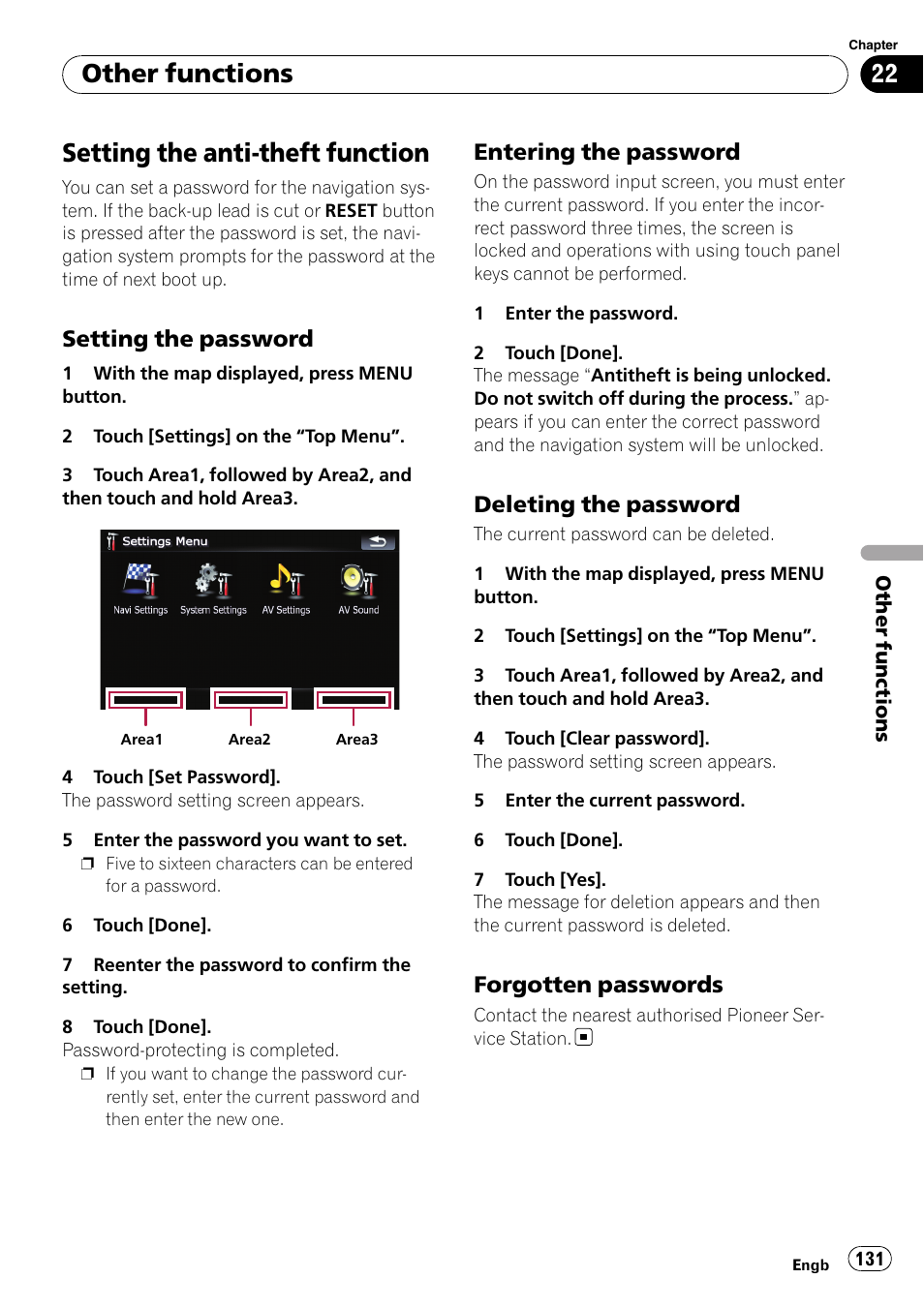 Other functions setting the anti-theft function, Setting the password 131, Entering the password 131 | Deleting the password 131, Forgotten passwords 131, Setting the anti-theft function, Other functions, Setting the password, Entering the password, Deleting the password | Pioneer AVIC F900BT User Manual | Page 131 / 168