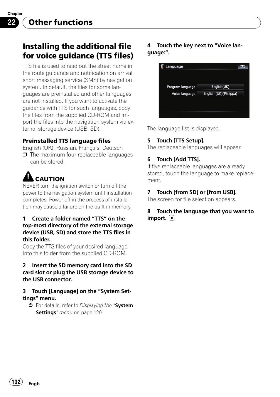 Installing the additional file for voice, Guidance (tts files), Other functions | Pioneer AVIC F900BT User Manual | Page 132 / 168