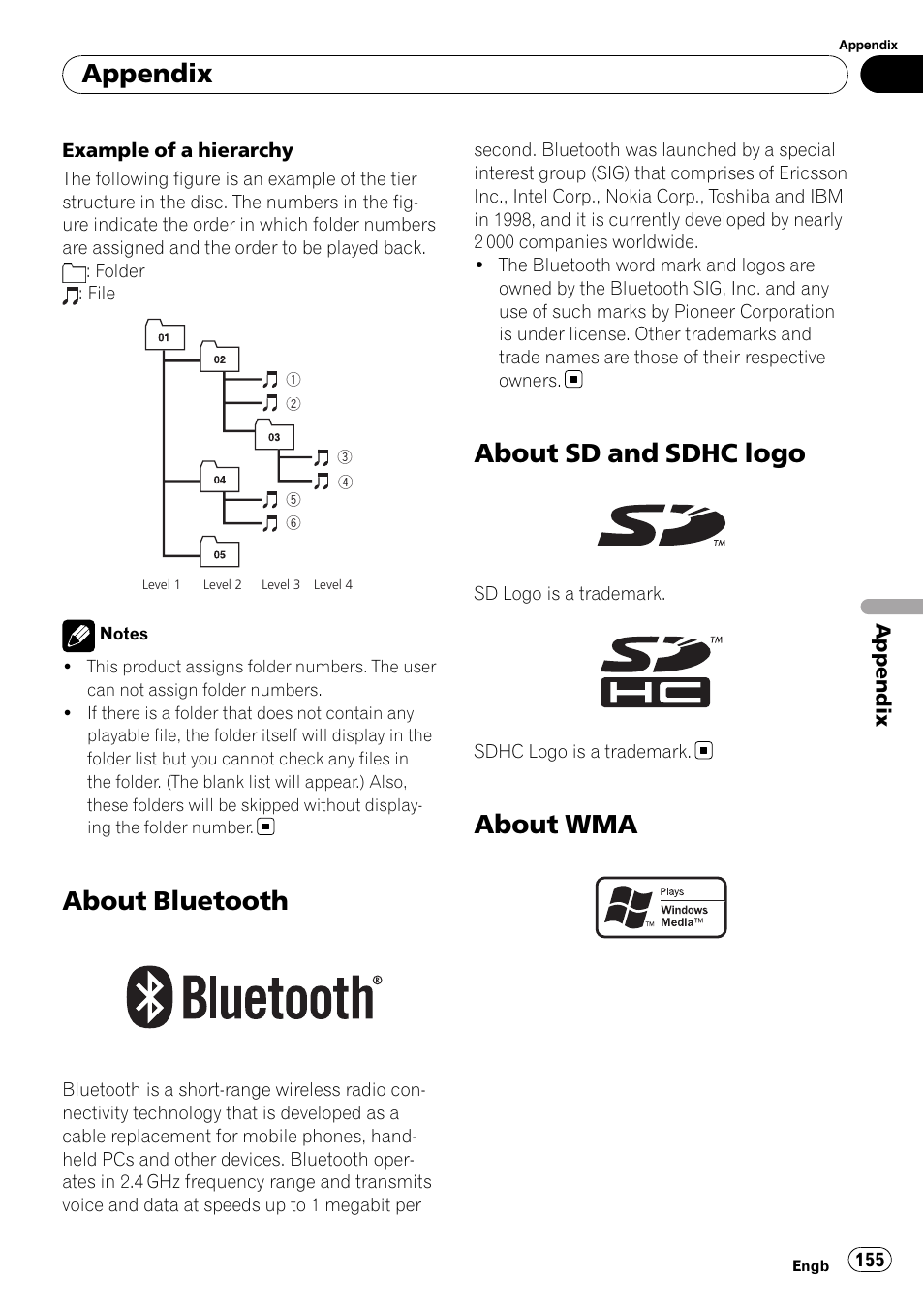 About bluetooth, About sd and sdhc logo, About wma | About wma appendix | Pioneer AVIC F900BT User Manual | Page 155 / 168