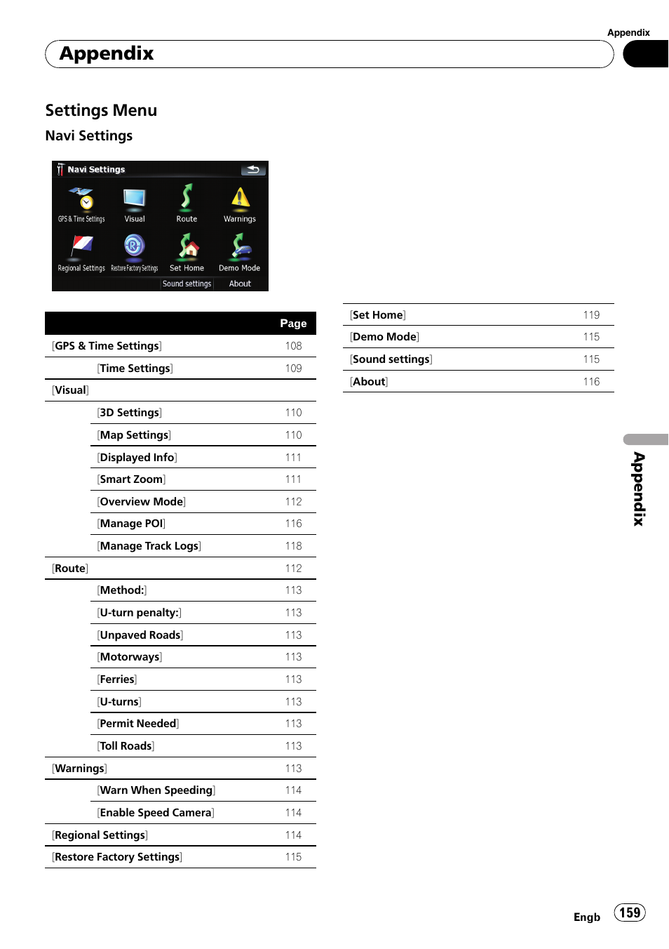 Settings menu 159, Appendix, Settings menu | Navi settings | Pioneer AVIC F900BT User Manual | Page 159 / 168