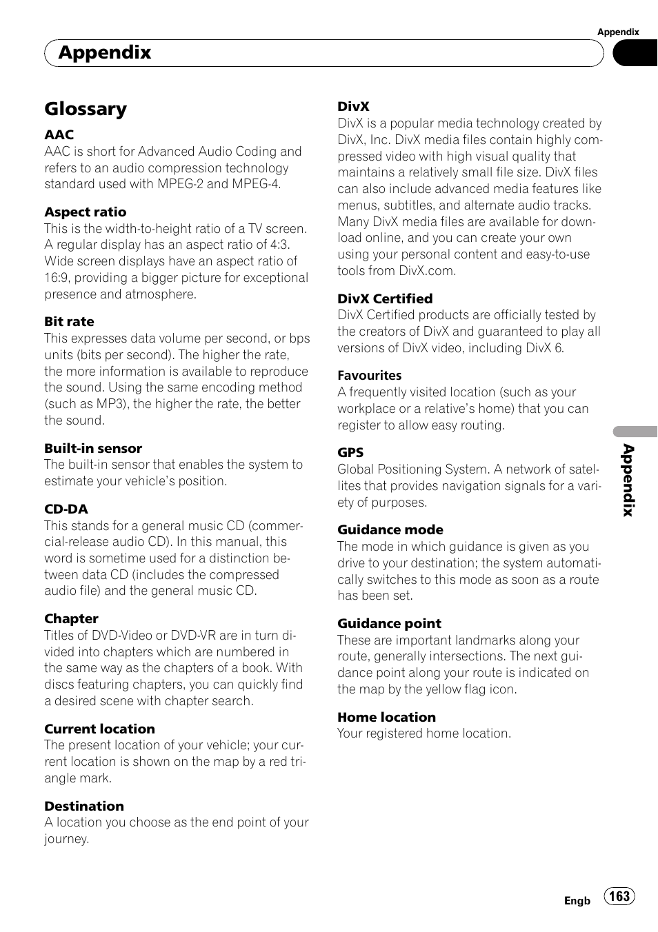 Glossary, Appendix | Pioneer AVIC F900BT User Manual | Page 163 / 168