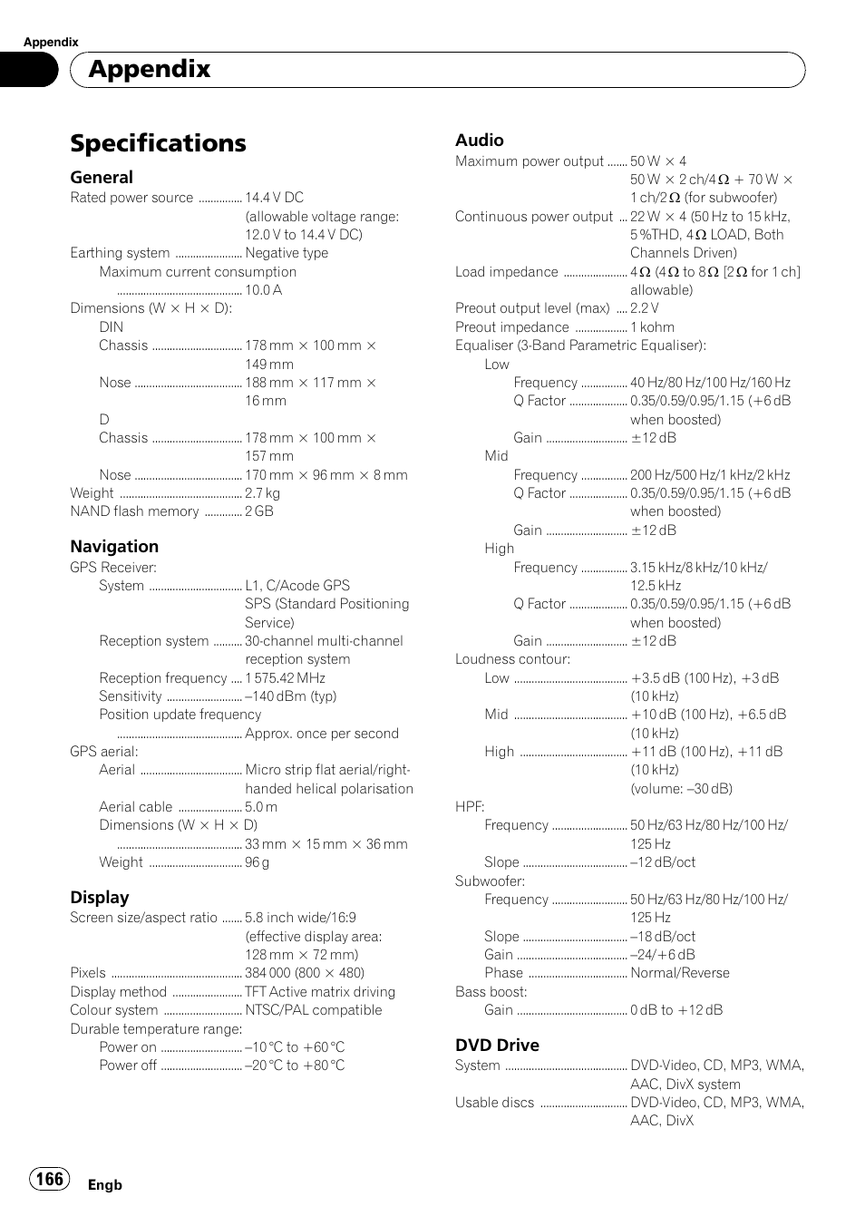 Specifications, Appendix, General | Navigation, Display, Audio, Dvd drive | Pioneer AVIC F900BT User Manual | Page 166 / 168
