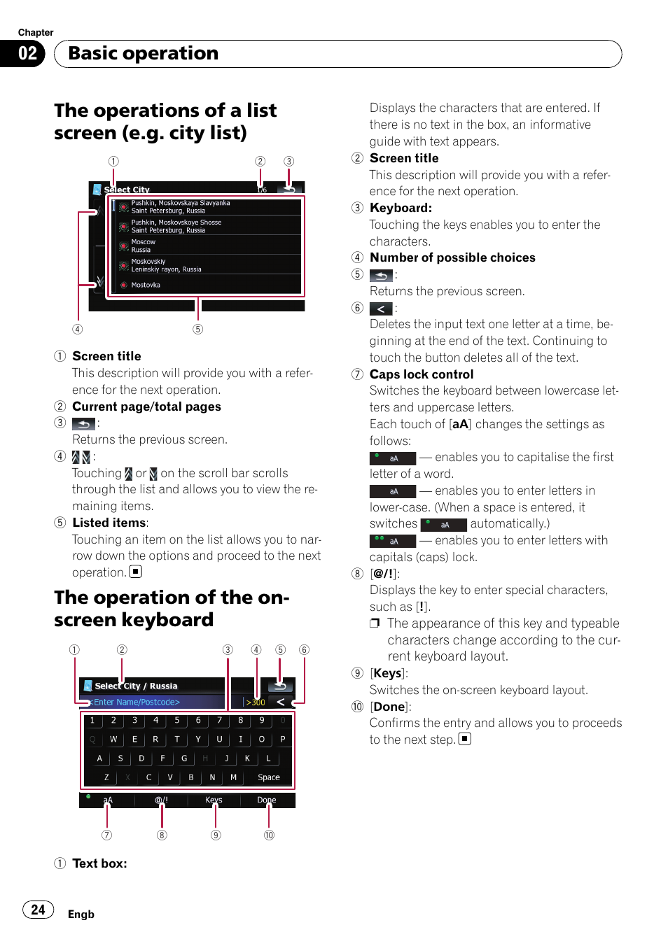 The operations of a list screen (e.g. city, List), The operation of the on-screen keyboard | The operations of a list screen (e.g. city list), The operation of the on- screen keyboard, Basic operation | Pioneer AVIC F900BT User Manual | Page 24 / 168