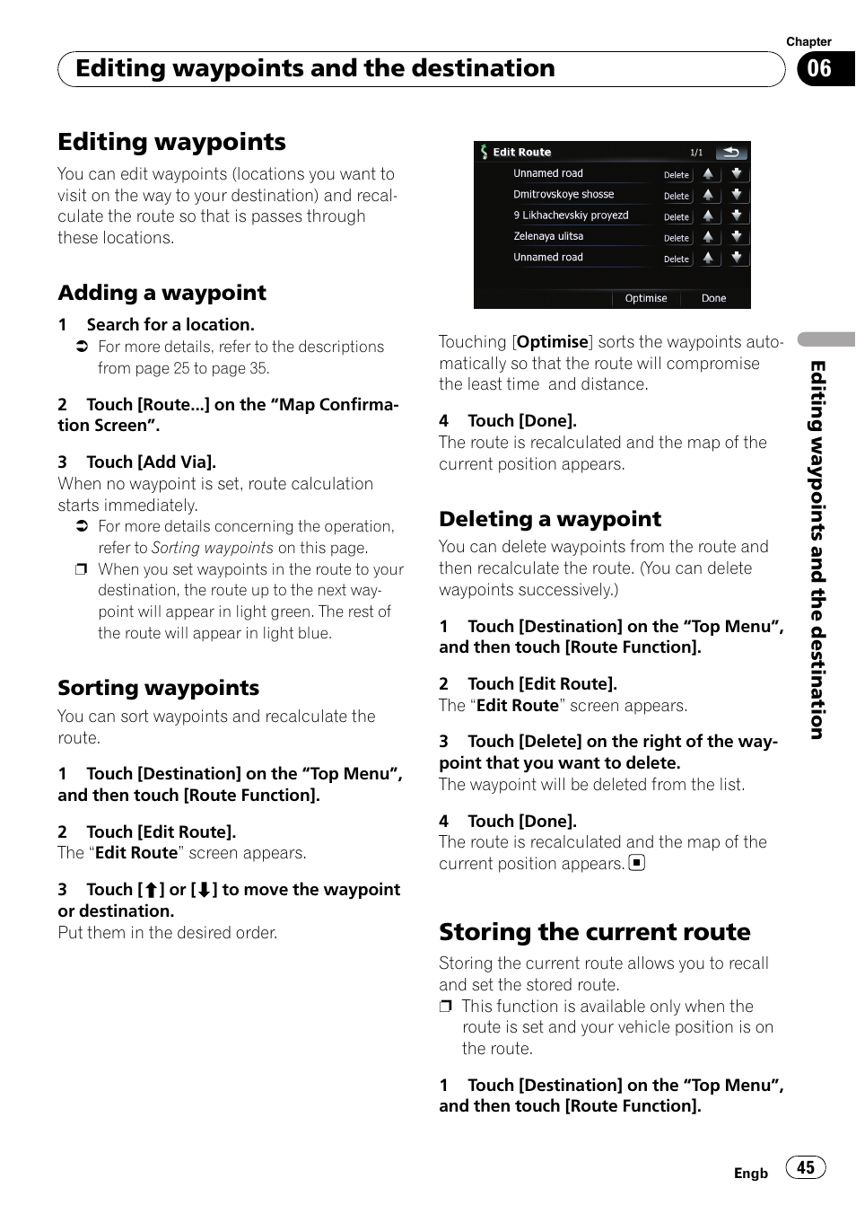 Adding a waypoint 45, Sorting waypoints 45, Deleting a waypoint 45 | Storing the current route, Editing waypoints, Editing waypoints and the destination, Adding a waypoint, Sorting waypoints, Deleting a waypoint | Pioneer AVIC F900BT User Manual | Page 45 / 168