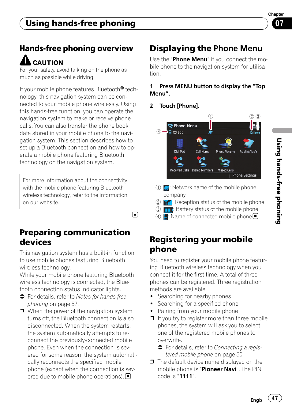 Preparing communication devices, Displaying the phone menu, Registering your mobile phone | Chapter 7, Hands-free phoning overview, Using hands-free phoning | Pioneer AVIC F900BT User Manual | Page 47 / 168