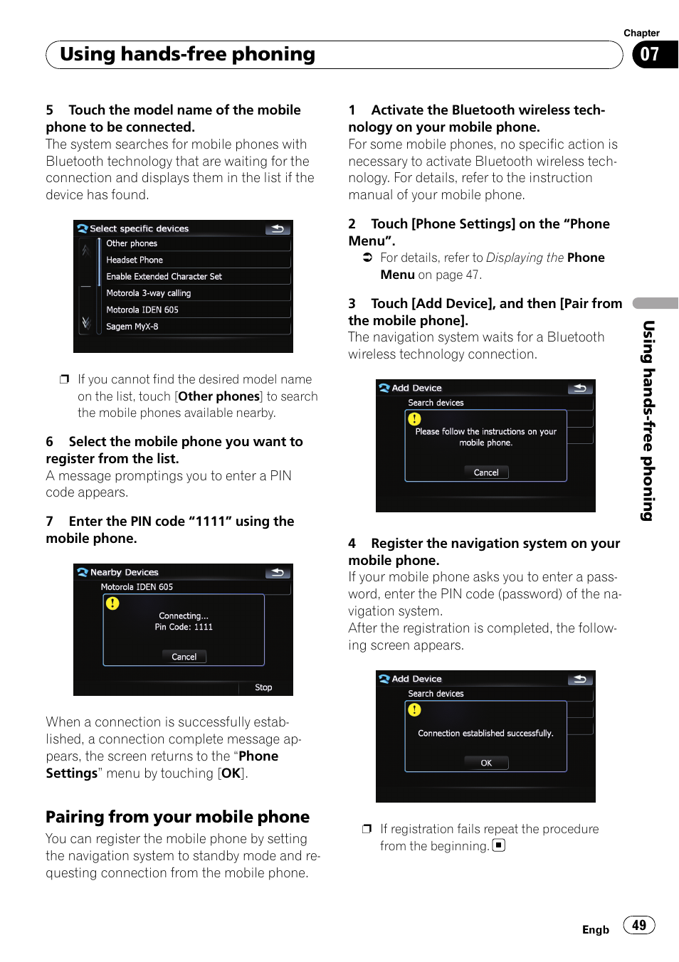 Pairing from your mobile phone 49, Using hands-free phoning, Pairing from your mobile phone | Pioneer AVIC F900BT User Manual | Page 49 / 168