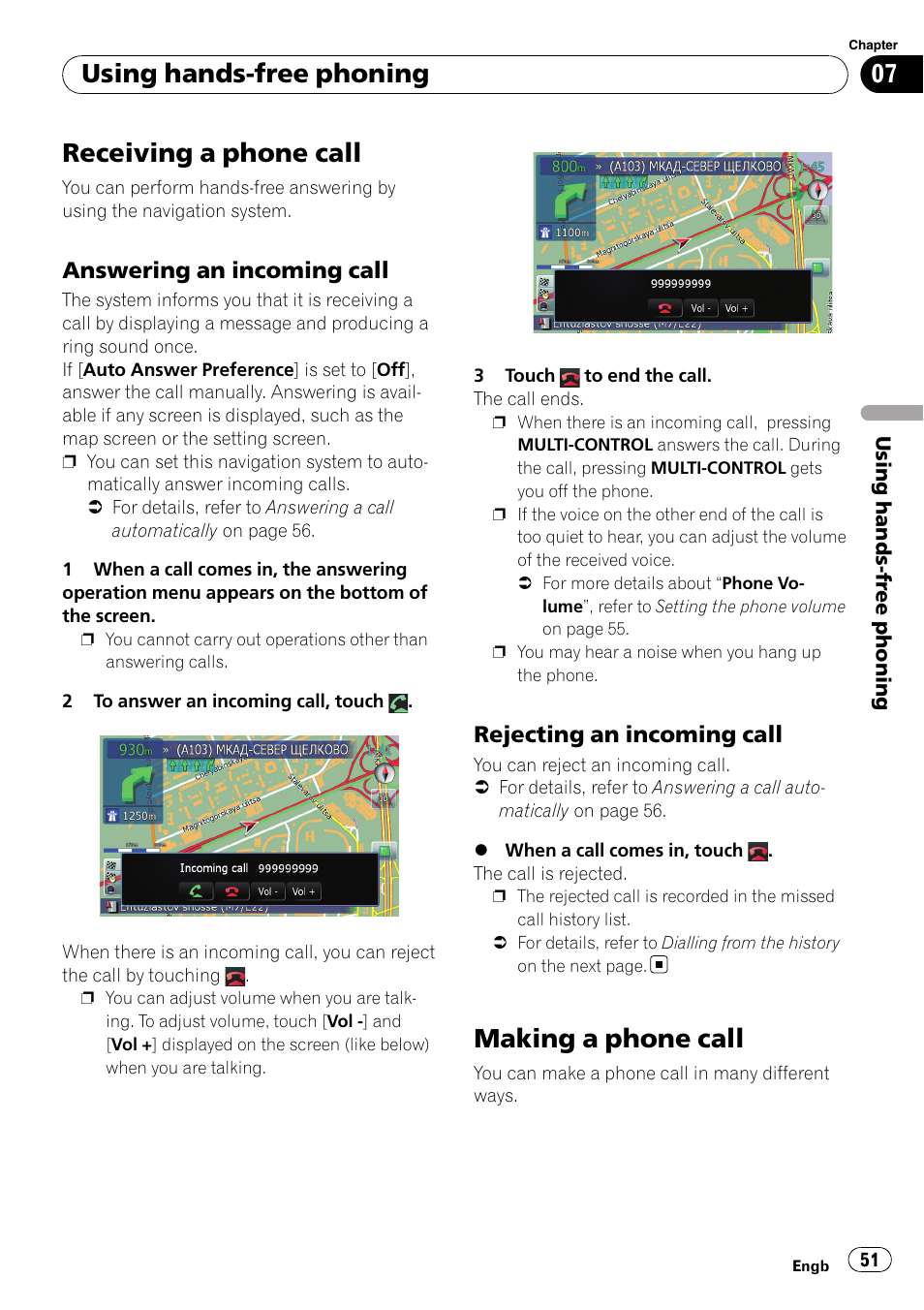 Receiving a phone call, Answering an incoming call 51, Rejecting an incoming call 51 | Making a phone call, Using hands-free phoning, Answering an incoming call, Rejecting an incoming call | Pioneer AVIC F900BT User Manual | Page 51 / 168