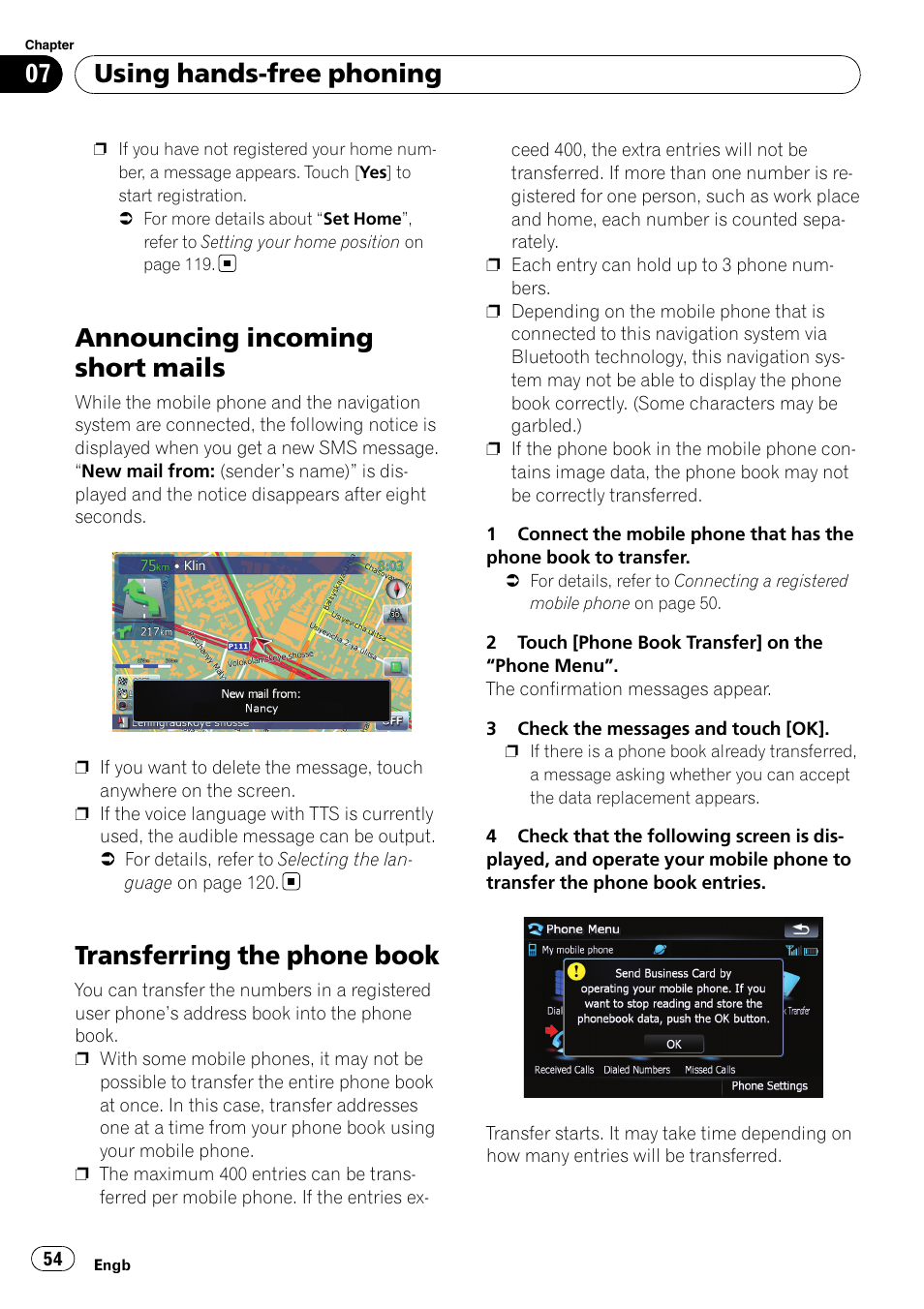 Announcing incoming short mails, Transferring the phone book, Using hands-free phoning | Pioneer AVIC F900BT User Manual | Page 54 / 168