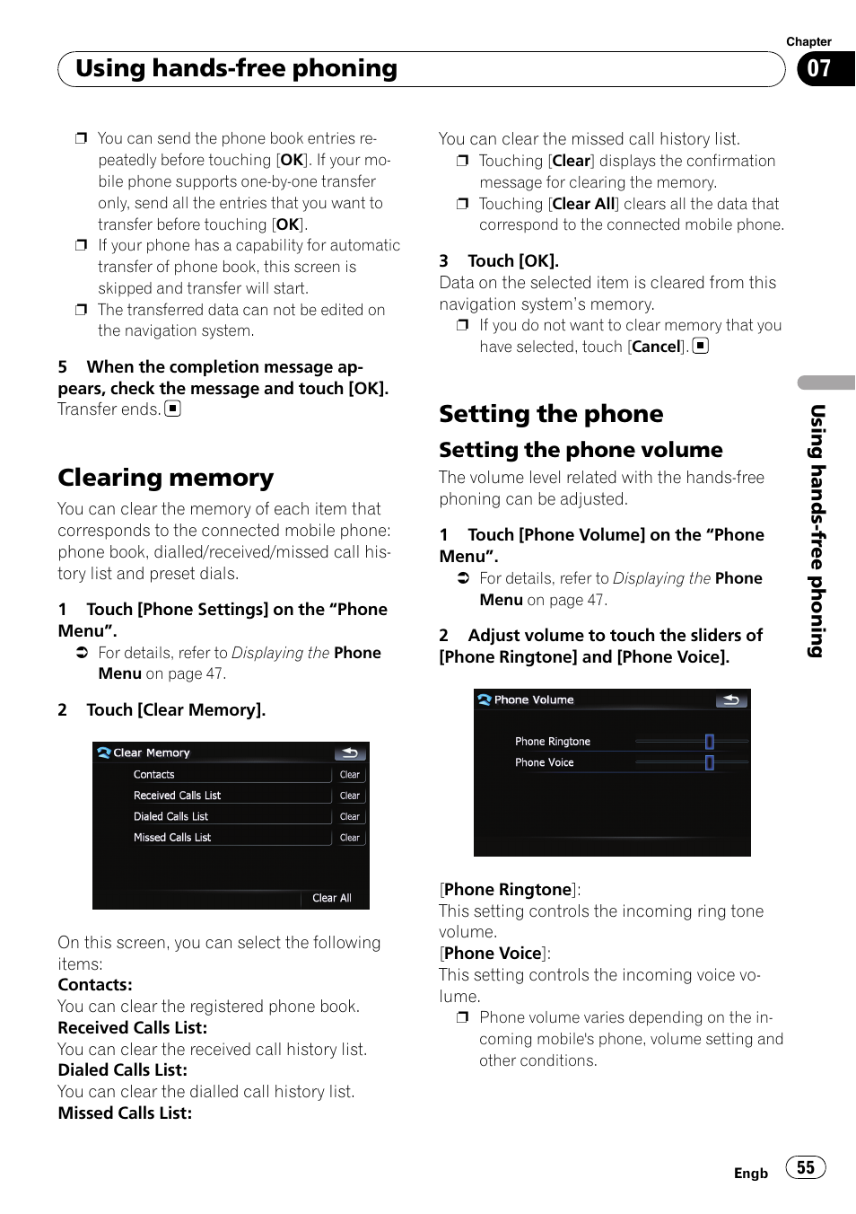 Clearing memory, Setting the phone, Setting the phone volume 55 | Setting the phone volume, Using hands-free phoning | Pioneer AVIC F900BT User Manual | Page 55 / 168