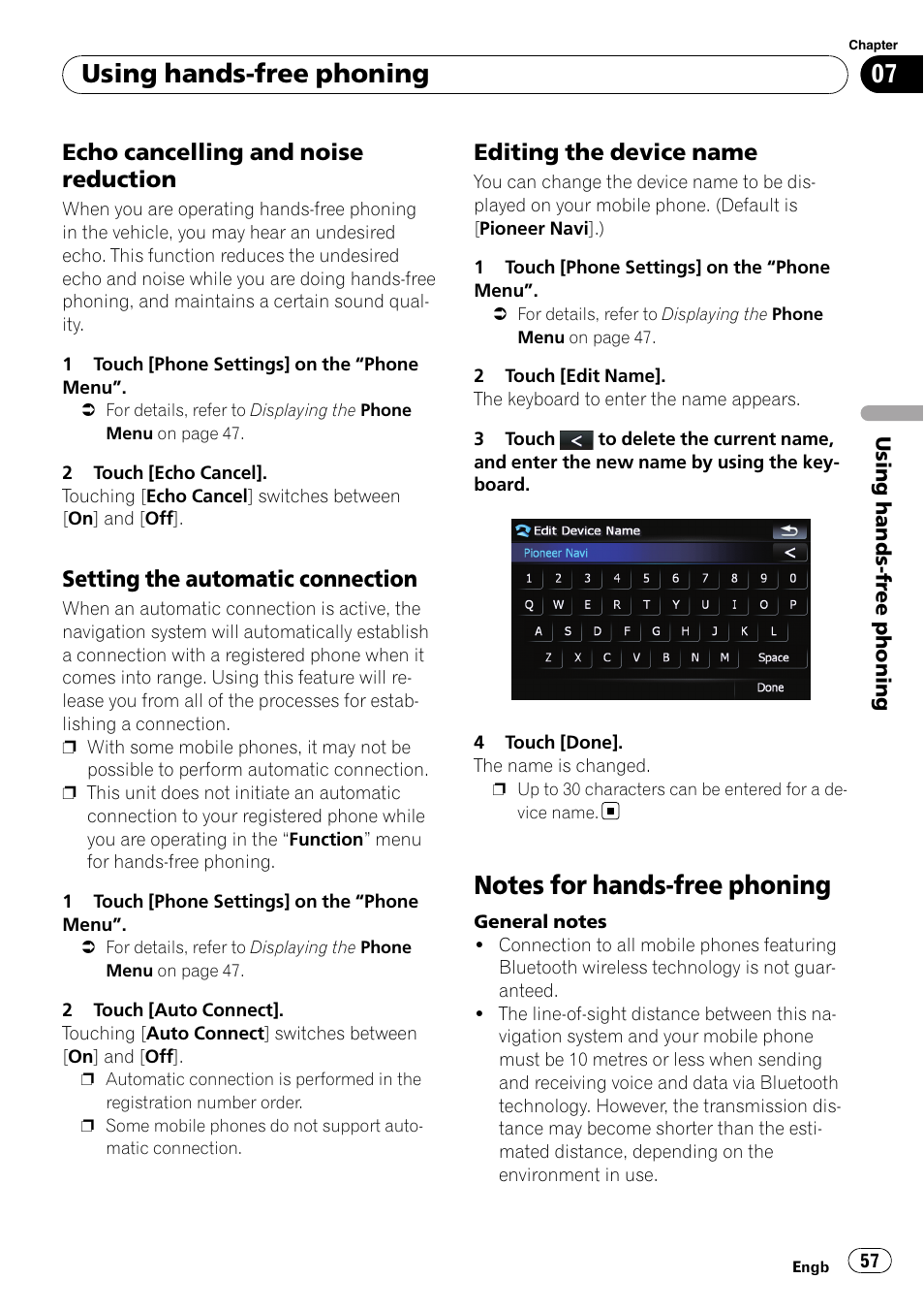 Echo cancelling and noise, Reduction, Setting the automatic connection 57 | Editing the device name 57, Notes for hands-free phoning, Notes for hands-free, Setting the automatic, Using hands-free phoning, Echo cancelling and noise reduction, Setting the automatic connection | Pioneer AVIC F900BT User Manual | Page 57 / 168