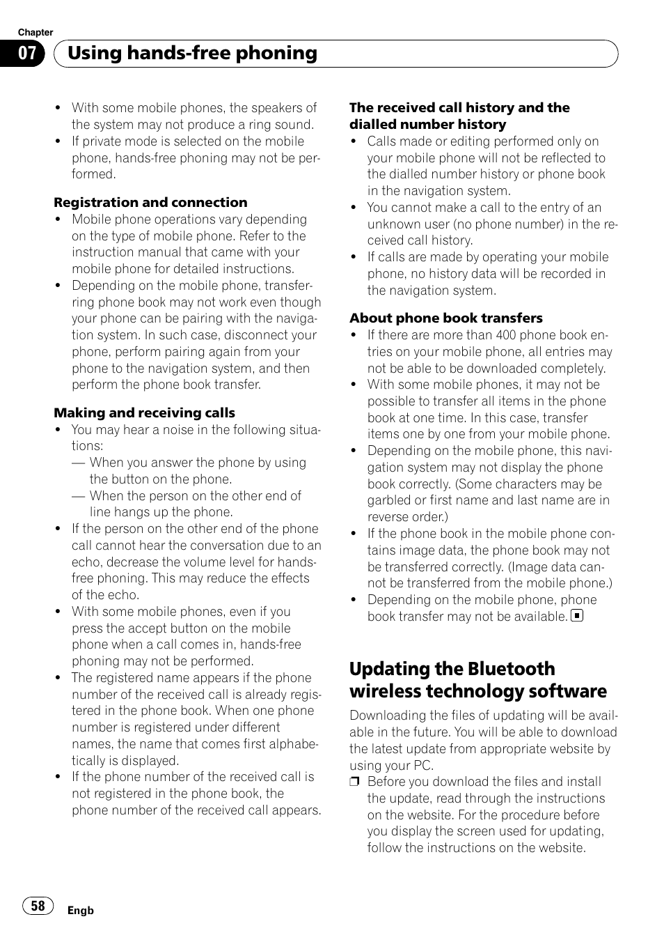 Updating the bluetooth wireless technology, Software, Using hands-free phoning | Pioneer AVIC F900BT User Manual | Page 58 / 168