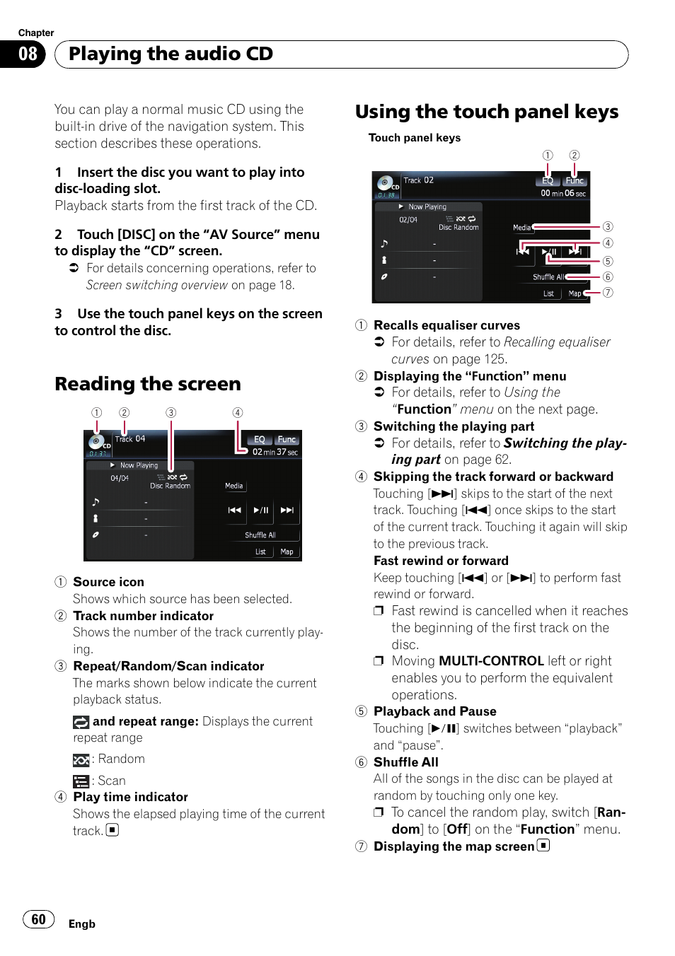 Playing the audio cd reading the screen, Using the touch panel keys, Chapter 8 | Reading the screen, Playing the audio cd | Pioneer AVIC F900BT User Manual | Page 60 / 168