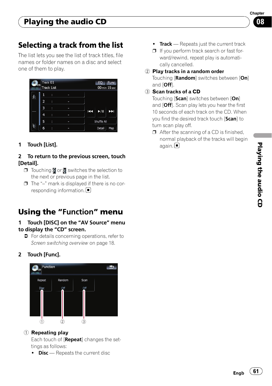 Selecting a track from the list, Using the, Function” menu 61 | Using the “function” menu, Playing the audio cd | Pioneer AVIC F900BT User Manual | Page 61 / 168