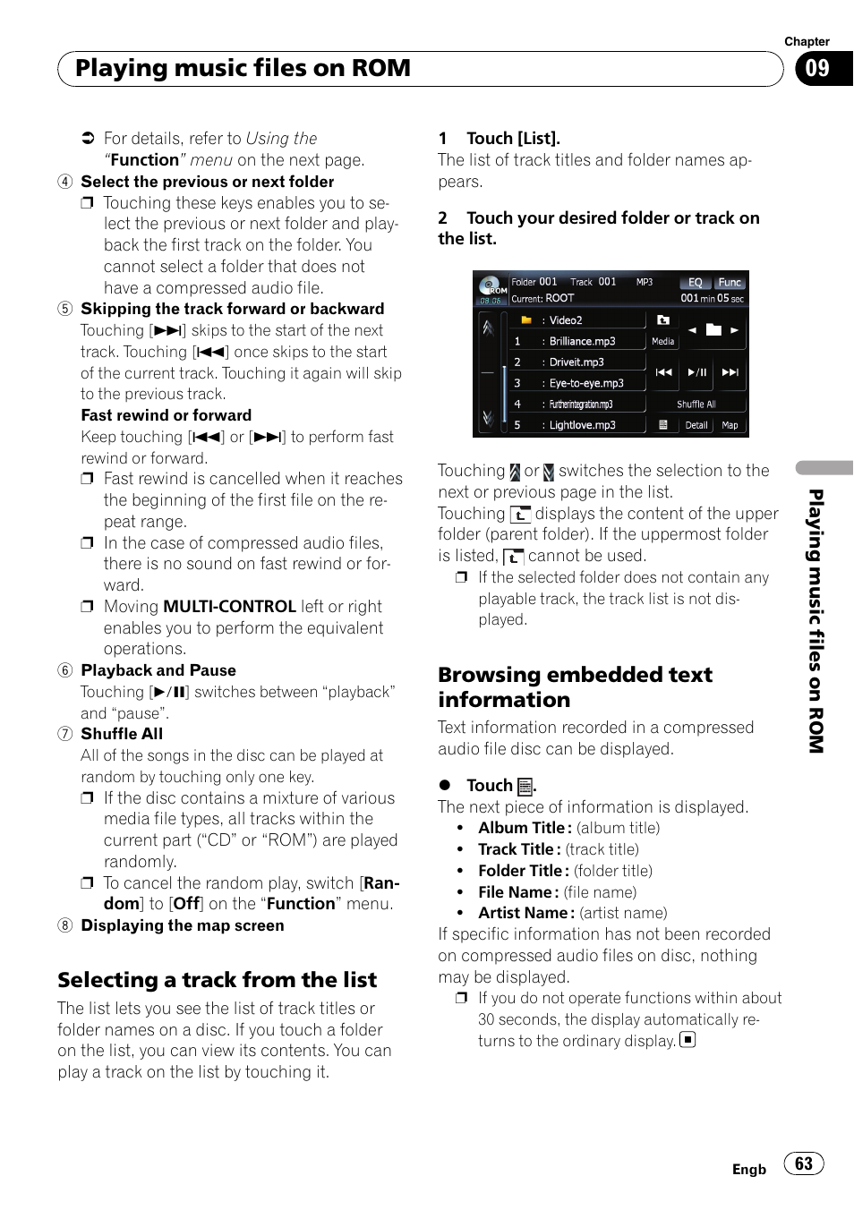 Selecting a track from the list 63, Browsing embedded text, Information | Playing music files on rom, Selecting a track from the list, Browsing embedded text information | Pioneer AVIC F900BT User Manual | Page 63 / 168