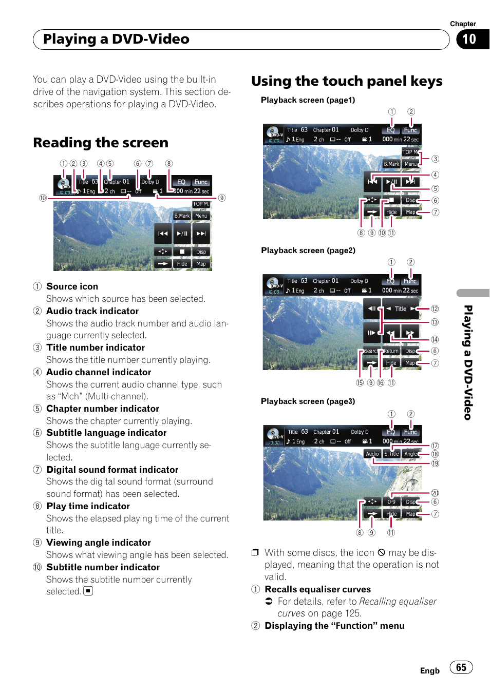 Playing a dvd-video reading the screen, Using the touch panel keys, Reading the screen | Playing a dvd-video | Pioneer AVIC F900BT User Manual | Page 65 / 168