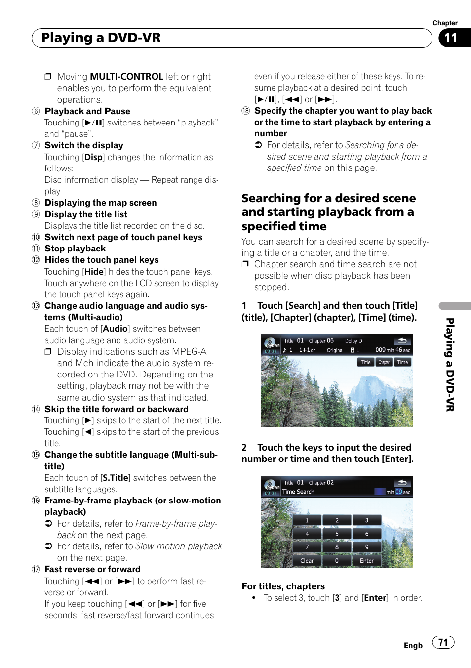 Searching for a desired scene and, Starting playback from a specified time, Playing a dvd-vr | Pioneer AVIC F900BT User Manual | Page 71 / 168