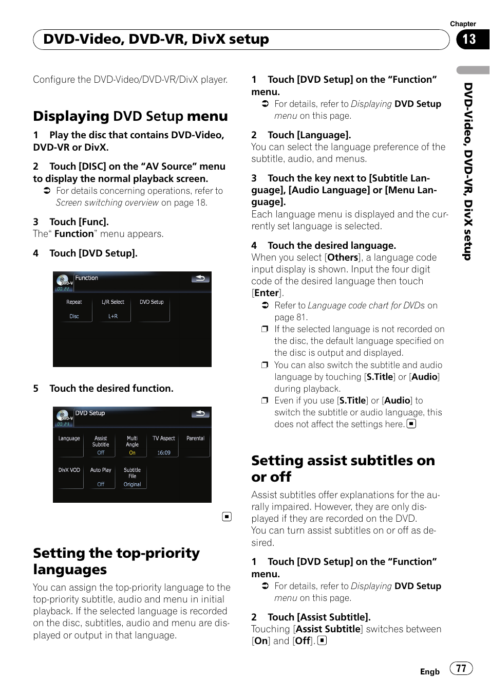 Setting the top-priority languages, Setting assist subtitles on or off, Displaying dvd setup menu | Dvd-video, dvd-vr, divx setup | Pioneer AVIC F900BT User Manual | Page 77 / 168