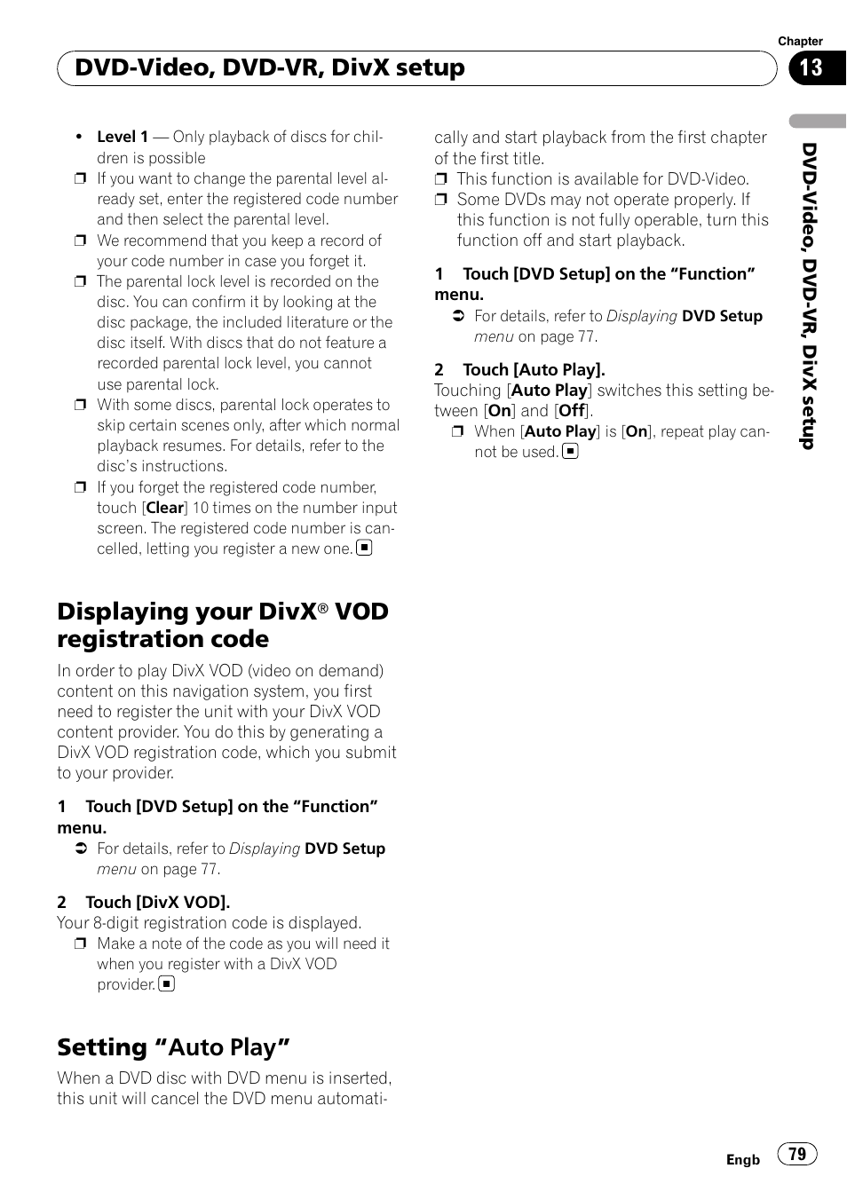 Displaying your divx® vod registration, Code, Setting | Auto play” 79, Displaying your divx, Vod registration code, Setting “auto play, Dvd-video, dvd-vr, divx setup | Pioneer AVIC F900BT User Manual | Page 79 / 168