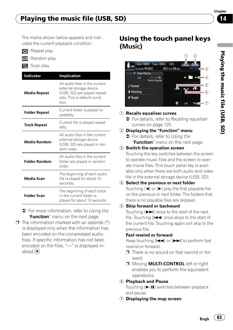 Using the touch panel keys (music), Playing the music file (usb, sd) | Pioneer AVIC F900BT User Manual | Page 83 / 168