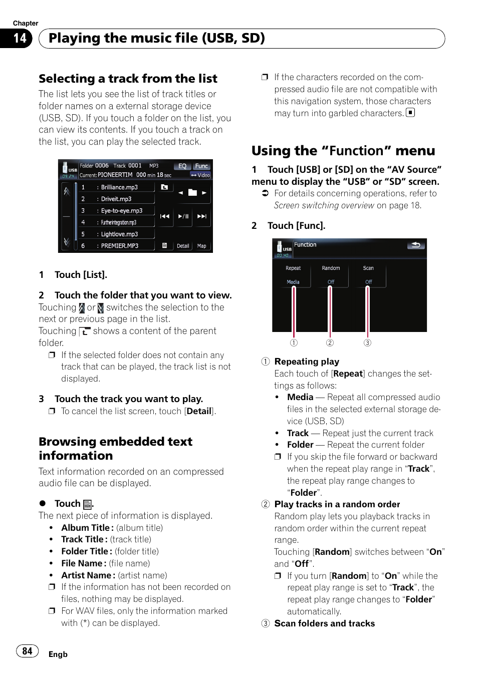 Selecting a track from the list 84, Browsing embedded text, Information | Using the, Function” menu 84, Using the “function” menu, Playing the music file (usb, sd), Selecting a track from the list, Browsing embedded text information | Pioneer AVIC F900BT User Manual | Page 84 / 168