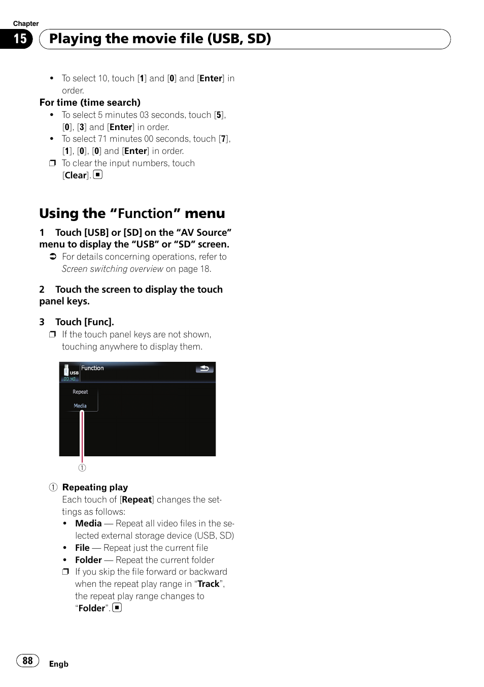 Using the, Function” menu 88, Using the “function” menu | Playing the movie file (usb, sd) | Pioneer AVIC F900BT User Manual | Page 88 / 168