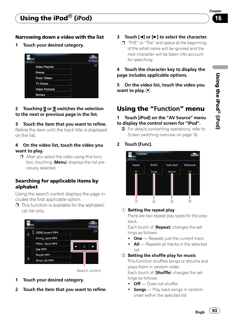 Using the, Function” menu 93, Using the “function” menu | Using the ipod, Ipod) | Pioneer AVIC F900BT User Manual | Page 93 / 168