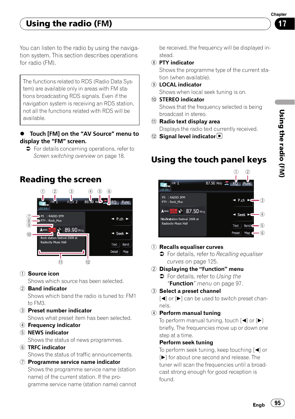 Using the radio (fm) reading the screen, Using the touch panel keys, Reading the screen | Using the radio (fm) | Pioneer AVIC F900BT User Manual | Page 95 / 168