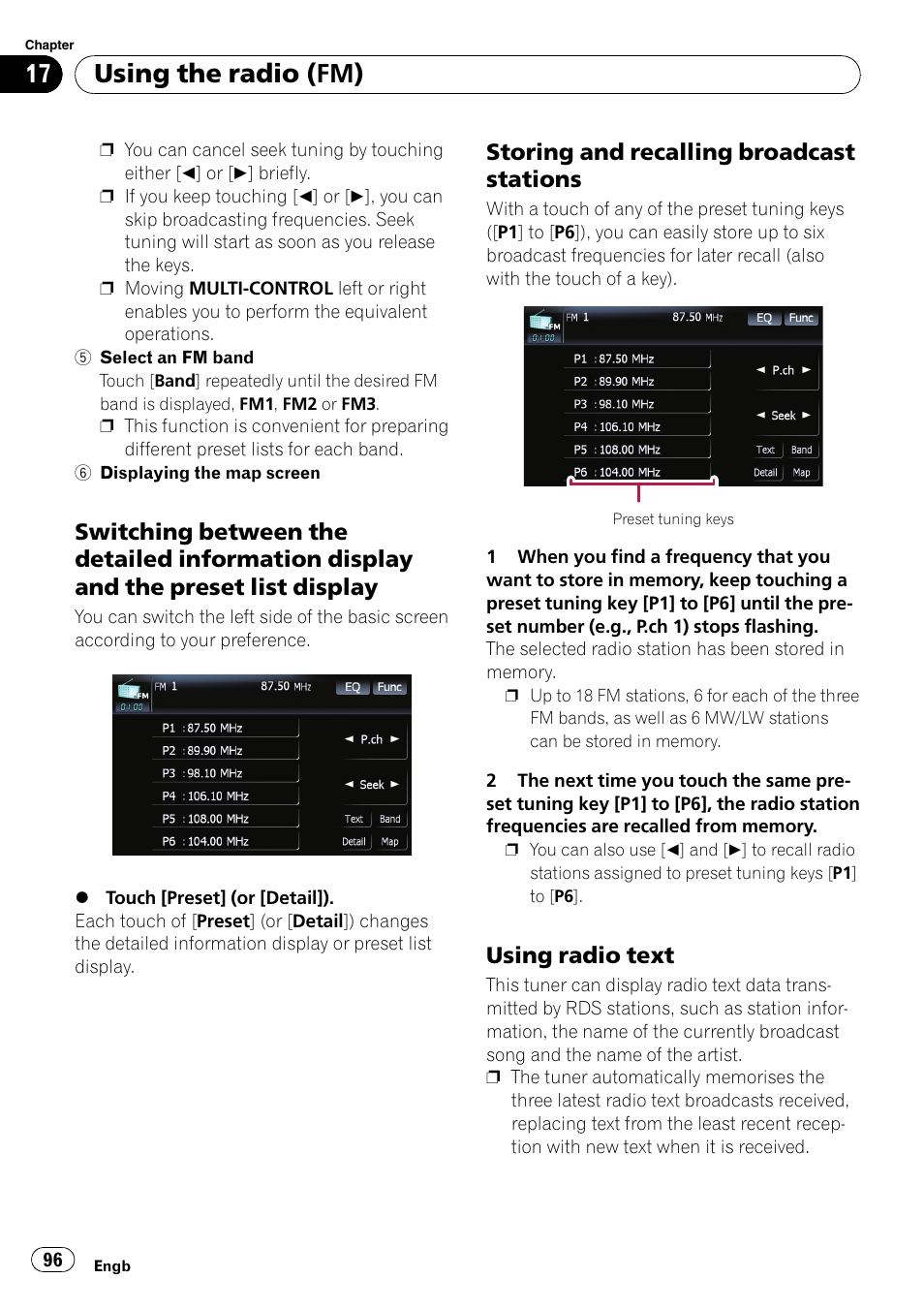 Switching between the detailed, Information display and the preset list display, Storing and recalling broadcast | Stations, Using radio text 96, Using the radio (fm), Storing and recalling broadcast stations, Using radio text | Pioneer AVIC F900BT User Manual | Page 96 / 168