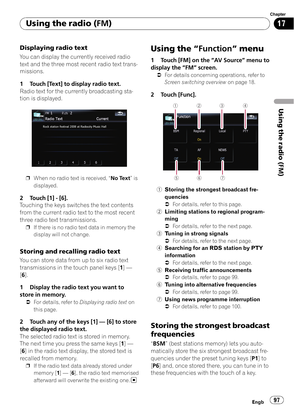 Using the, Function” menu 97, Storing the strongest broadcast | Frequencies, Using the “function” menu, Using the radio (fm), Storing the strongest broadcast frequencies | Pioneer AVIC F900BT User Manual | Page 97 / 168