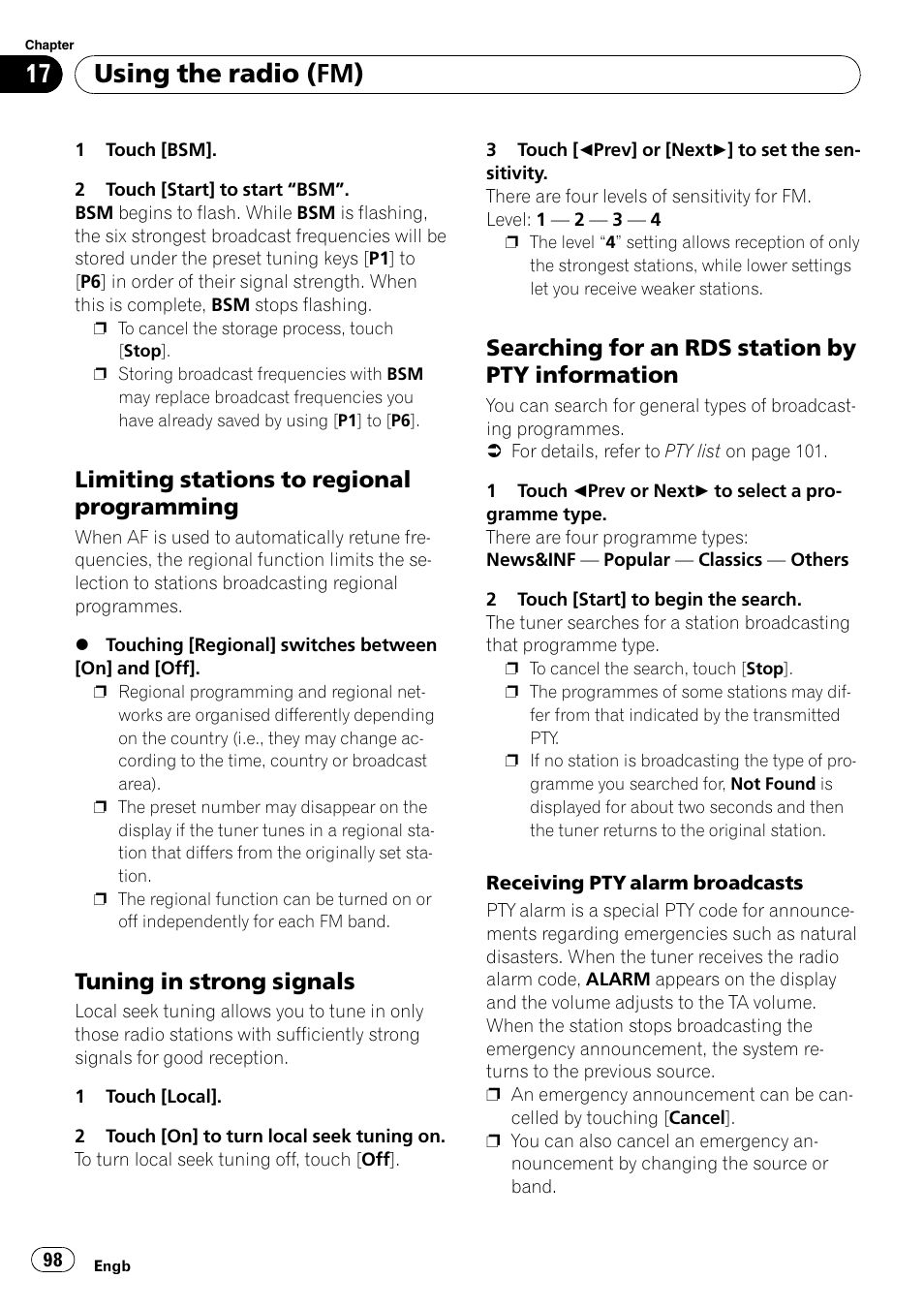 Limiting stations to regional, Programming, Tuning in strong signals 98 | Searching for an rds station by pty, Information, Using the radio (fm), Limiting stations to regional programming, Tuning in strong signals, Searching for an rds station by pty information | Pioneer AVIC F900BT User Manual | Page 98 / 168