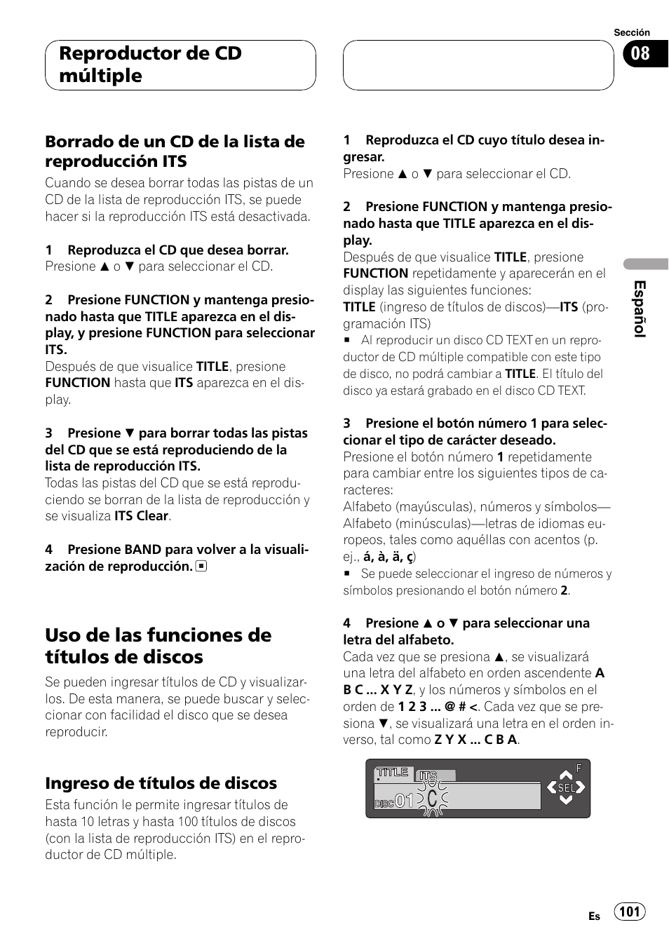 Borrado de un cd de la lista de, Reproducción its 101, Uso de las funciones de títulos de | Discos 101, Ingreso de títulos de discos 101, Uso de las funciones de títulos de discos, Reproductor de cd múltiple | Pioneer DEH-P7600MP User Manual | Page 101 / 132