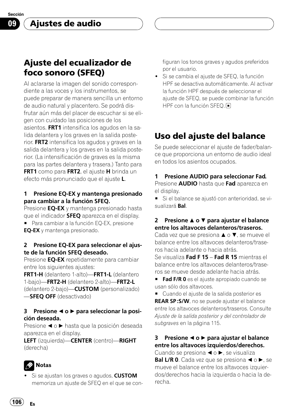Ajuste del ecualizador de foco sonoro, Sfeq) 106, Uso del ajuste del balance 106 | Ajuste del ecualizador de foco sonoro (sfeq), Uso del ajuste del balance, Ajustes de audio | Pioneer DEH-P7600MP User Manual | Page 106 / 132
