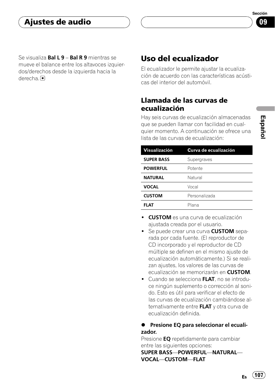 Uso del ecualizador 107, Llamada de las curvas de, Ecualización 107 | Uso del ecualizador, Ajustes de audio, Llamada de las curvas de ecualización | Pioneer DEH-P7600MP User Manual | Page 107 / 132