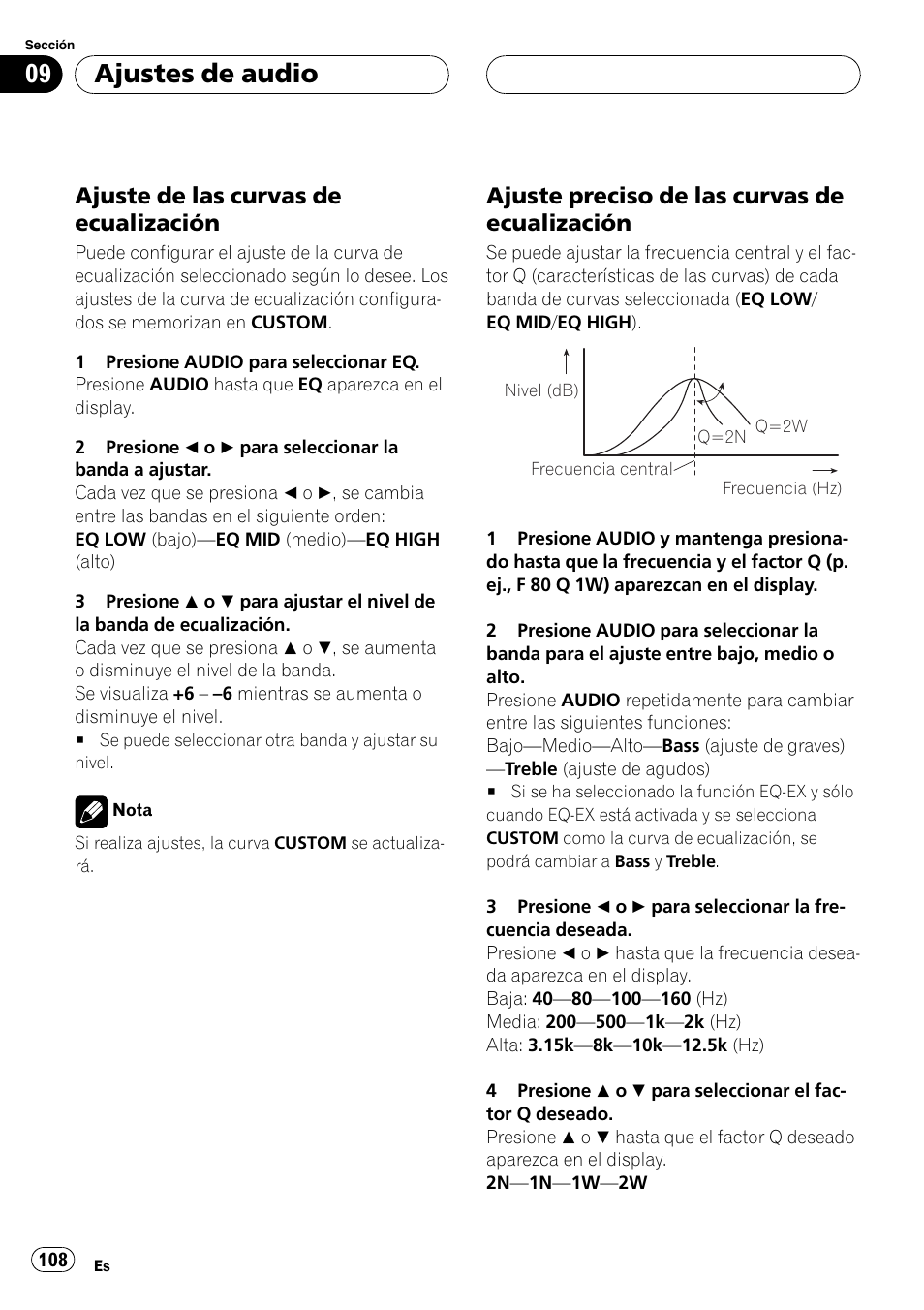 Ajuste de las curvas de, Ecualización 108, Ajuste preciso de las curvas de | Ajustes de audio, Ajuste de las curvas de ecualización, Ajuste preciso de las curvas de ecualización | Pioneer DEH-P7600MP User Manual | Page 108 / 132