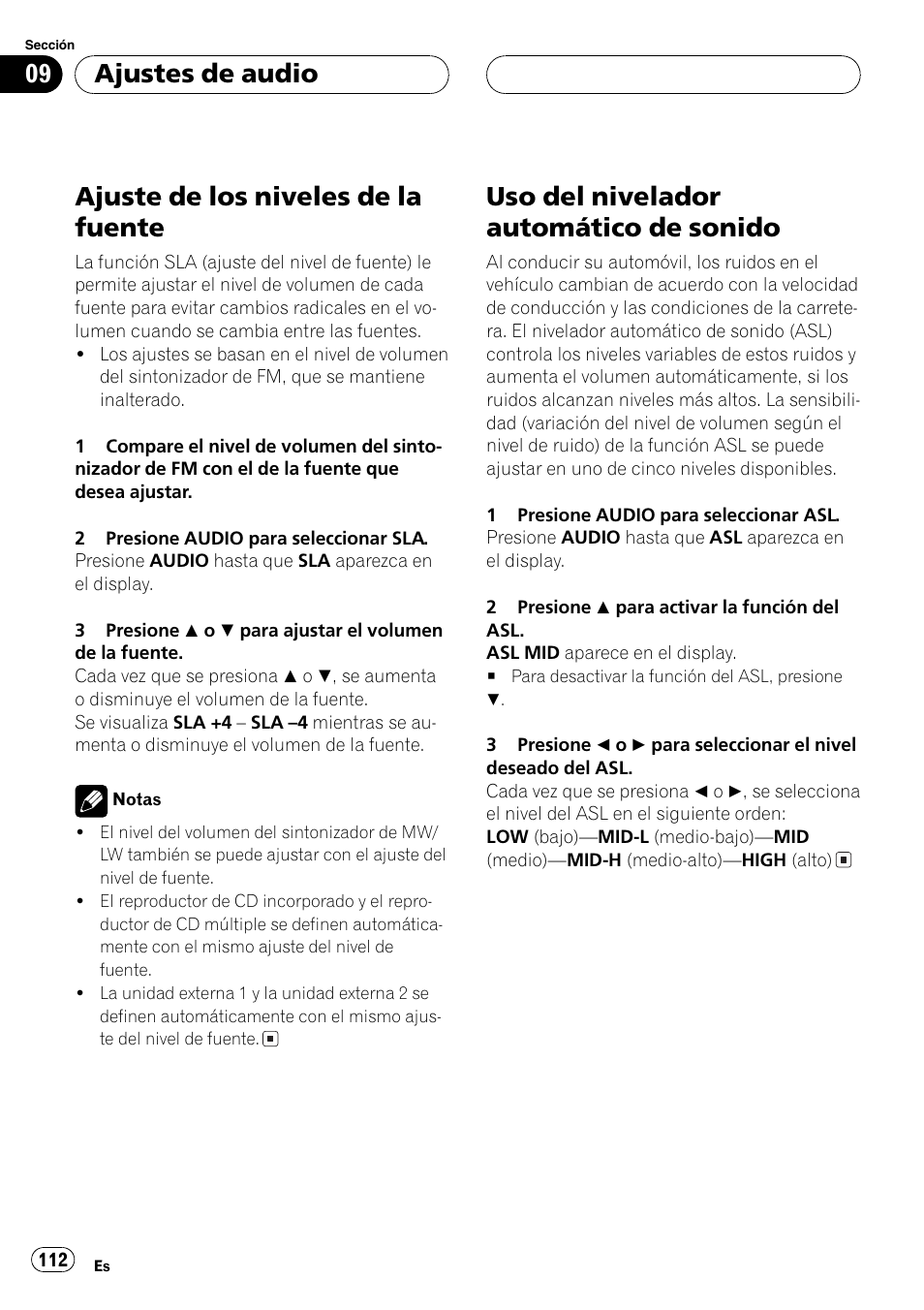 Ajuste de los niveles de la fuente 112, Uso del nivelador automático de sonido 112, Ajuste de los niveles de la fuente | Uso del nivelador automático de sonido, Ajustes de audio | Pioneer DEH-P7600MP User Manual | Page 112 / 132