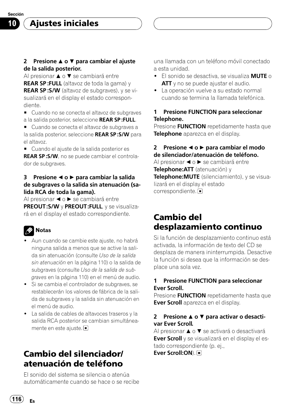 Cambio del silenciador/atenuación de, Teléfono 116, Cambio del desplazamiento continuo 116 | Cambio del silenciador/ atenuación de teléfono, Cambio del desplazamiento continuo, Ajustes iniciales | Pioneer DEH-P7600MP User Manual | Page 116 / 132