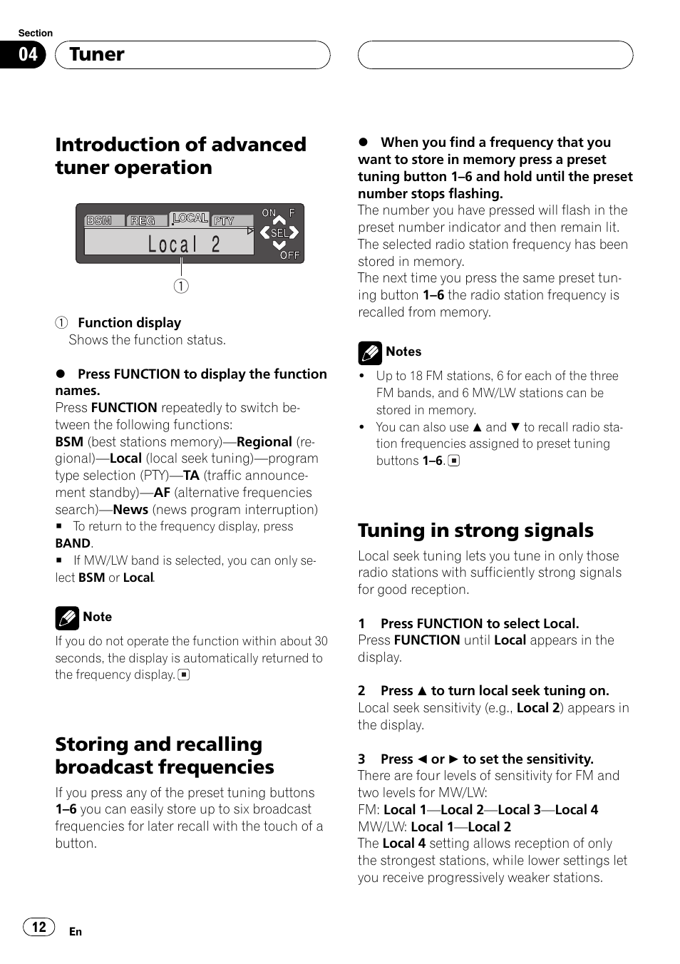 Introduction of advanced tuner, Operation 12, Storing and recalling broadcast | Frequencies 12, Tuning in strong signals 12, Introduction of advanced tuner operation, Storingand recalling broadcast frequencies, Tuningin strongsignals, Tuner | Pioneer DEH-P7600MP User Manual | Page 12 / 132