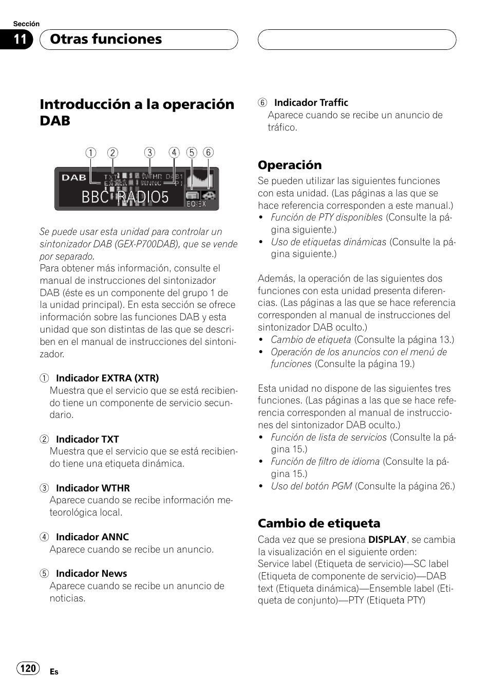 Introducción a la operación dab 120, Operación 120, Cambio de etiqueta 120 | Introducción a la operación dab, Otras funciones | Pioneer DEH-P7600MP User Manual | Page 120 / 132