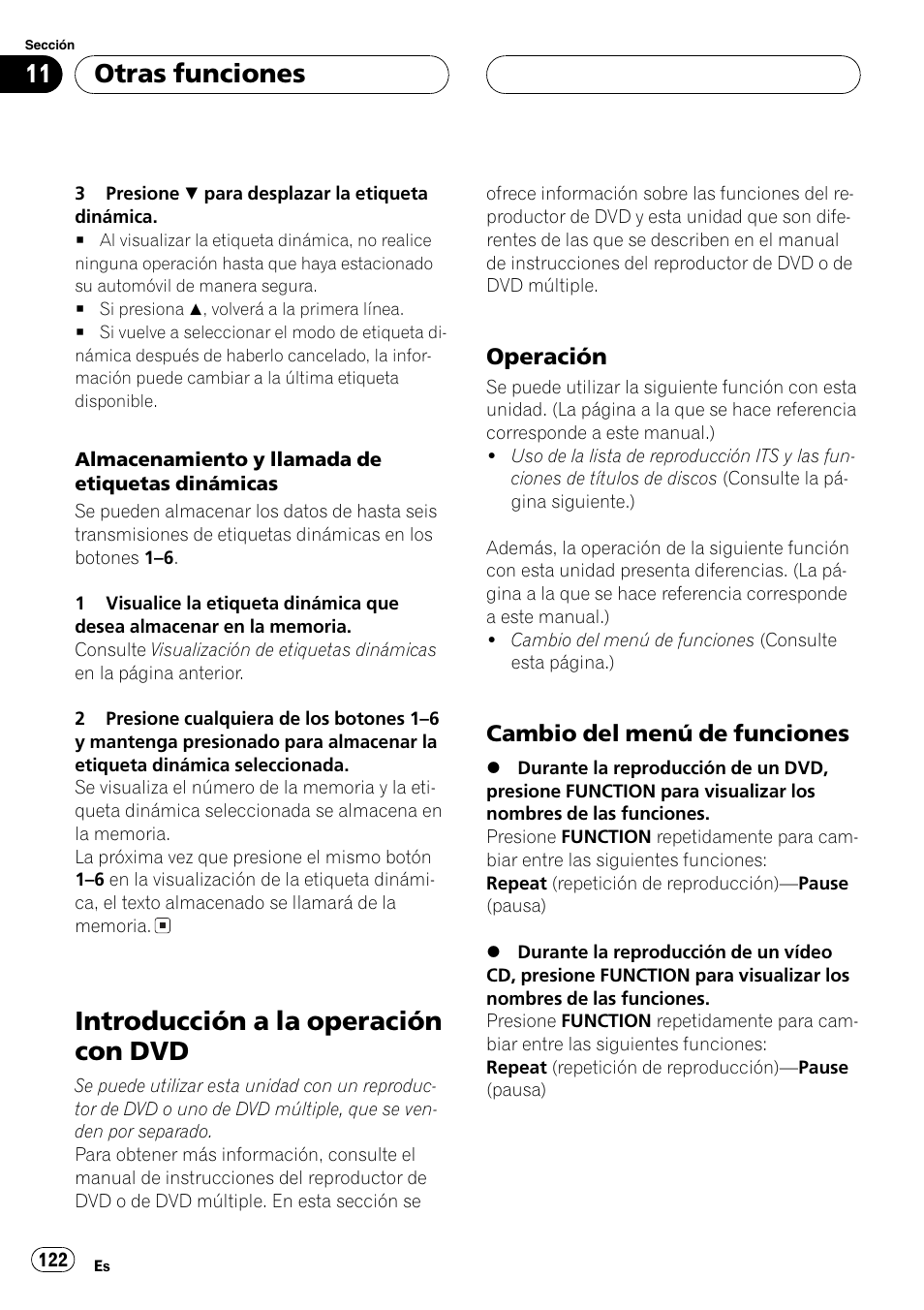 Introducción a la operación con dvd 122, Operación 122, Cambio del menú de funciones 122 | Introducción a la operación con dvd, Otras funciones, Operación, Cambio del menú de funciones | Pioneer DEH-P7600MP User Manual | Page 122 / 132