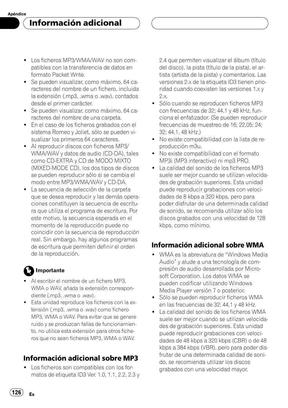 Información adicional sobre, Mp3 126, Wma 126 | Información adicional, Información adicional sobre mp3, Información adicional sobre wma | Pioneer DEH-P7600MP User Manual | Page 126 / 132