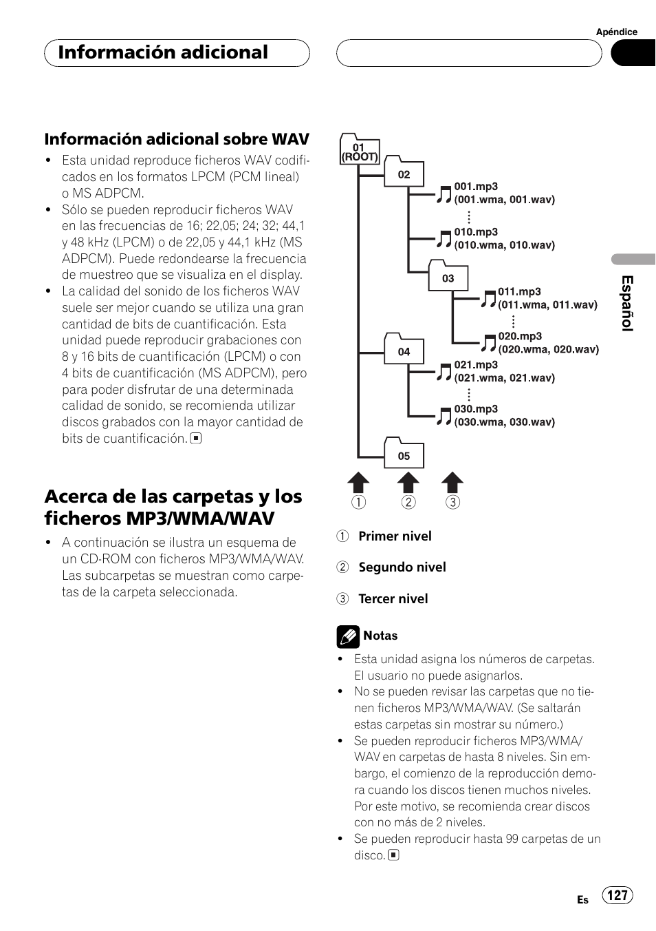 Información adicional sobre, Wav 127, Acerca de las carpetas y los ficheros mp3 | Wma/wav 127, Acerca de las carpetas y los ficheros mp3/wma/wav, Información adicional, Información adicional sobre wav | Pioneer DEH-P7600MP User Manual | Page 127 / 132
