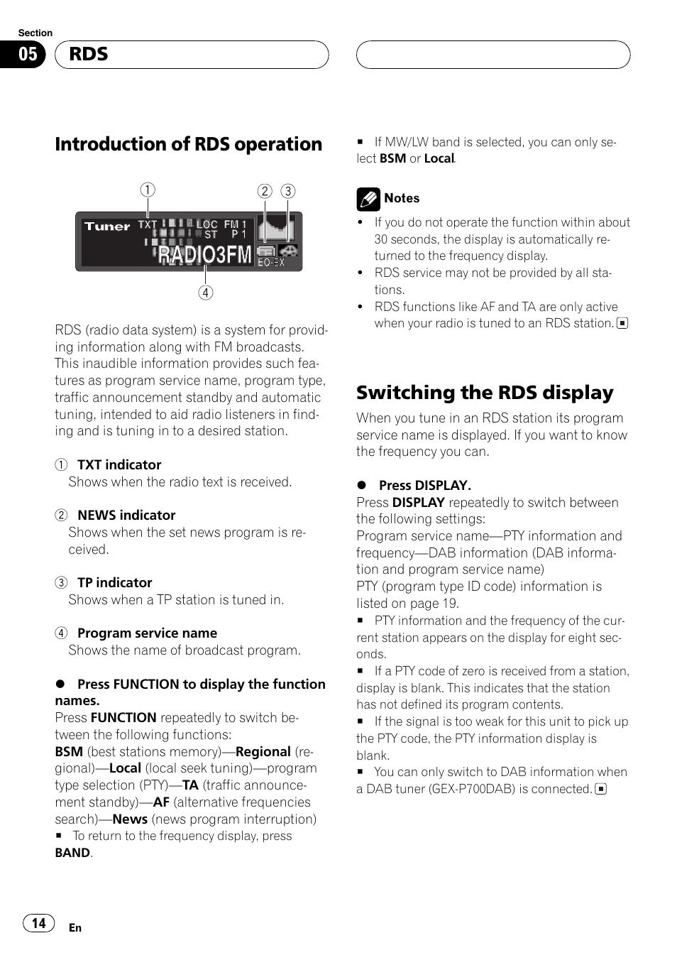 Introduction of rds operation, Switchingthe rds display | Pioneer DEH-P7600MP User Manual | Page 14 / 132